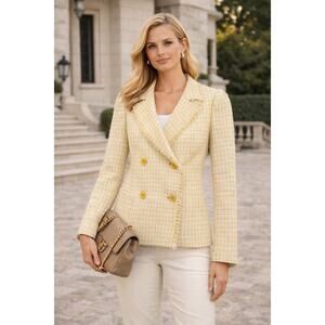 Liz Claiborne Womens Tweed Blazer 4 Butter Yellow Fringe Pastel Office Academia
